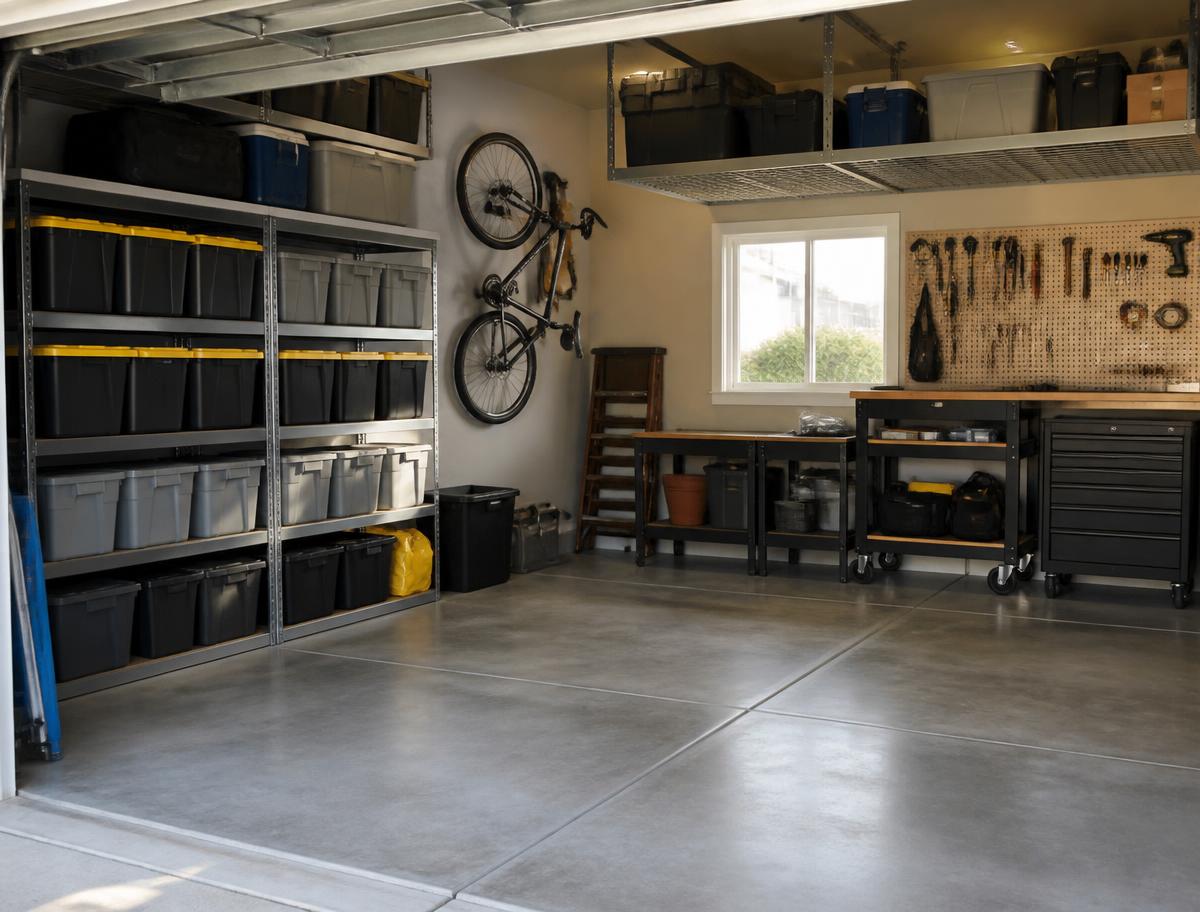 The same garage organized with shelving, labeled bins, a mounted bike, overhead rack and a clear concrete floor