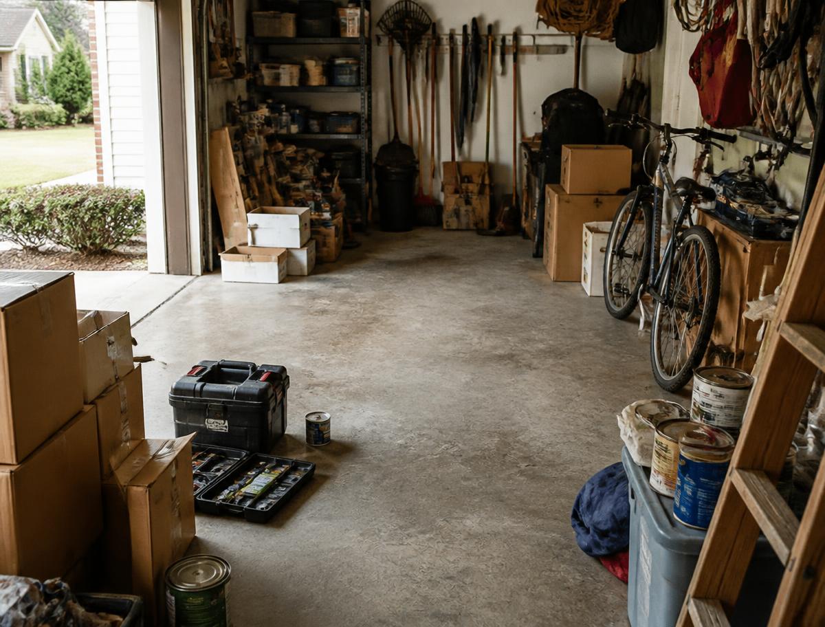 A cluttered garage floor with boxes, a toolbox, paint cans and a bike leaning against the wall