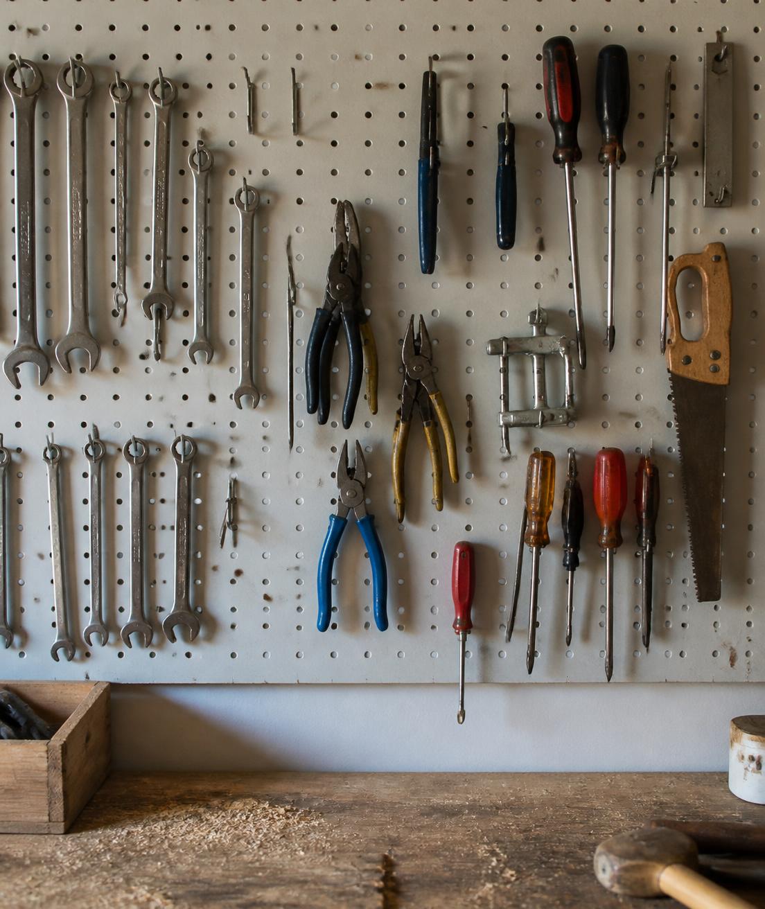 Close-up of an organized pegboard tool wall above a wooden garage workbench